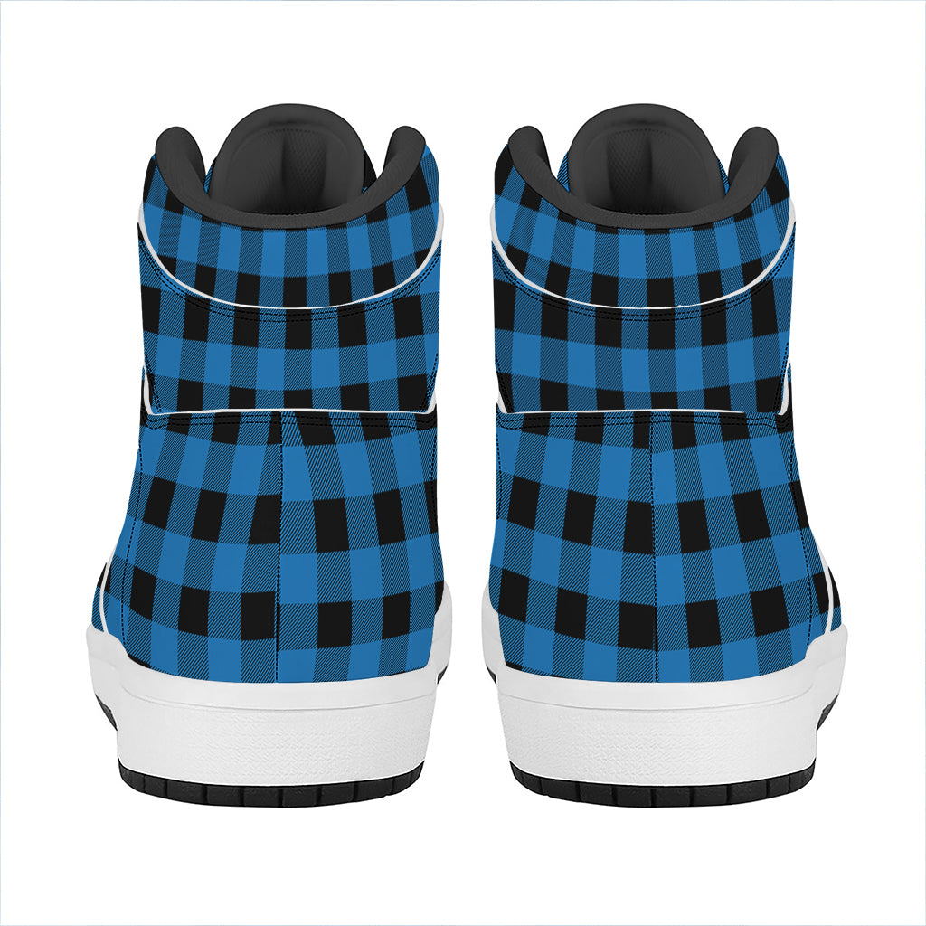 Blue And Black Buffalo Check Print High Top Leather Sneakers