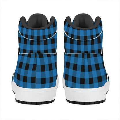 Blue And Black Buffalo Check Print High Top Leather Sneakers