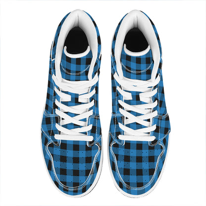 Blue And Black Buffalo Check Print High Top Leather Sneakers