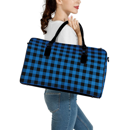 Blue And Black Buffalo Check Print Leather Duffle Bag