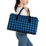 Blue And Black Buffalo Check Print Leather Duffle Bag