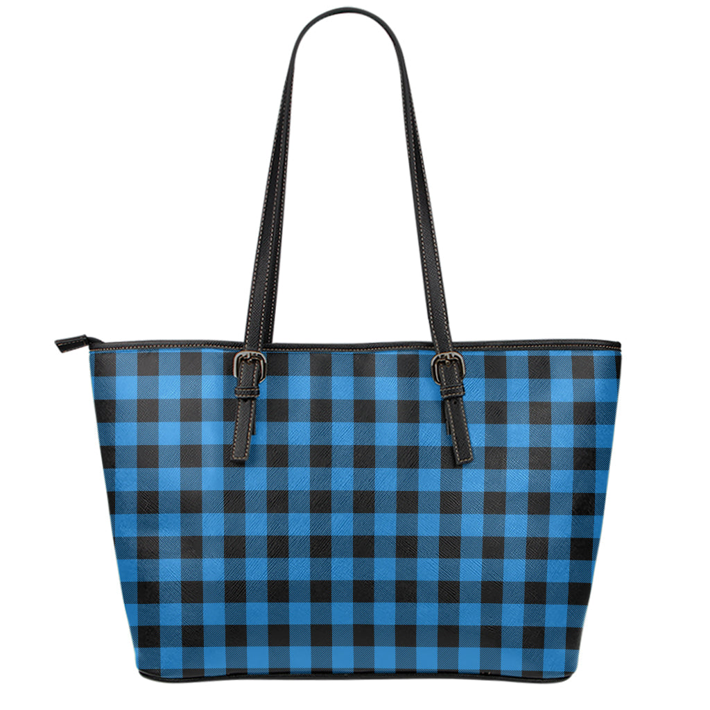 Blue And Black Buffalo Check Print Leather Tote Bag