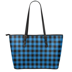 Blue And Black Buffalo Check Print Leather Tote Bag