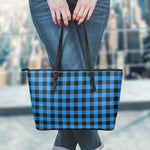 Blue And Black Buffalo Check Print Leather Tote Bag