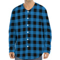 Blue And Black Buffalo Check Print Long Sleeve Baseball Jersey
