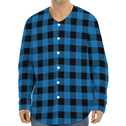 Blue And Black Buffalo Check Print Long Sleeve Baseball Jersey
