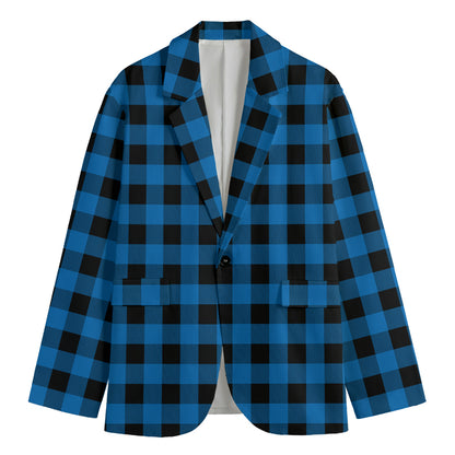 Blue And Black Buffalo Check Print Men's Cotton Blazer
