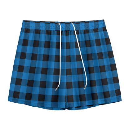 Blue And Black Buffalo Check Print Mesh Shorts