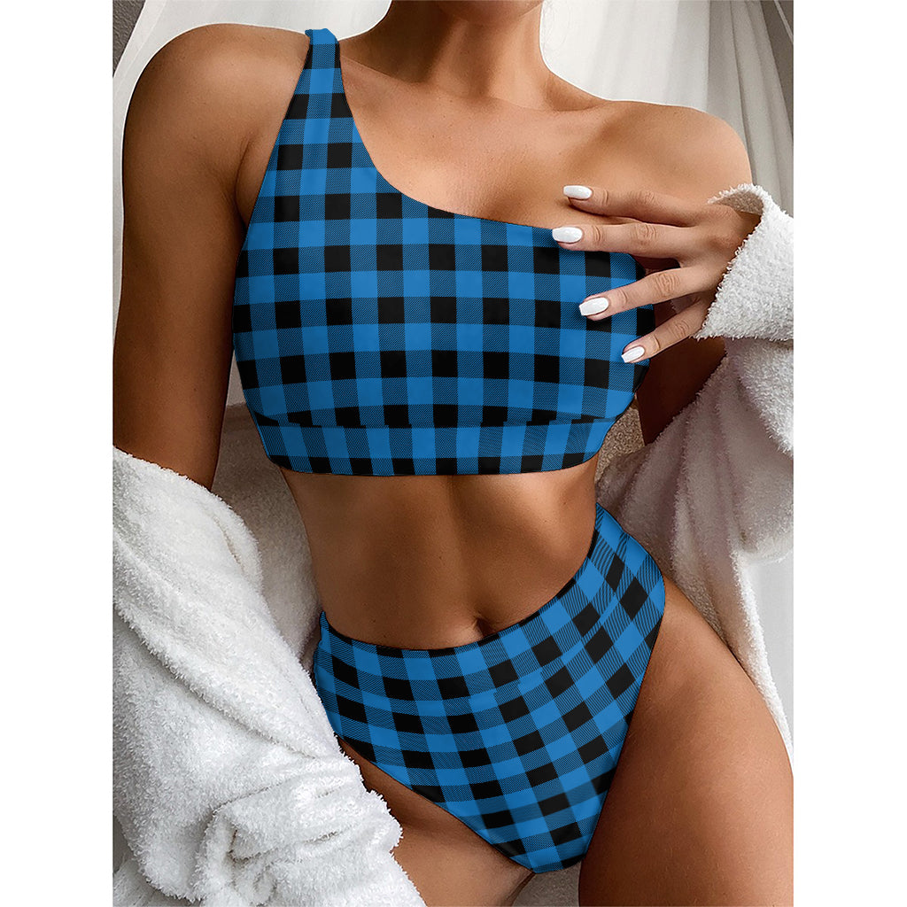 Blue And Black Buffalo Check Print One Shoulder Bikini Top