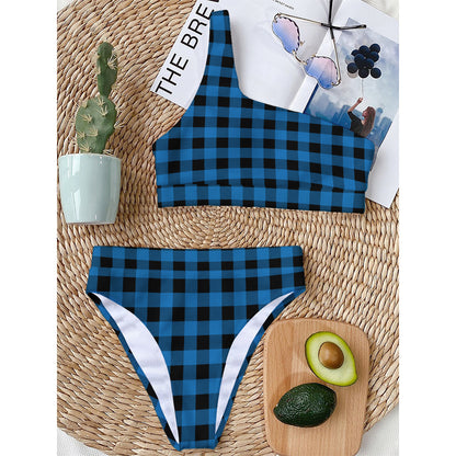 Blue And Black Buffalo Check Print One Shoulder Bikini Top