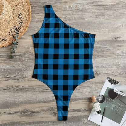 Blue And Black Buffalo Check Print One Shoulder Bodysuit