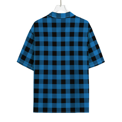 Blue And Black Buffalo Check Print Rayon Hawaiian Shirt