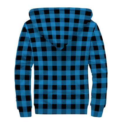 Blue And Black Buffalo Check Print Sherpa Lined Zip Up Hoodie
