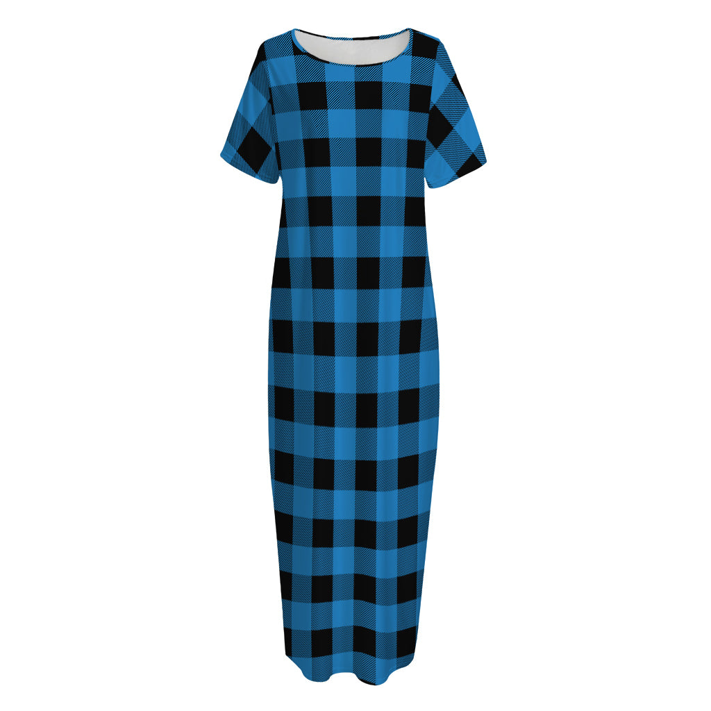 Blue And Black Buffalo Check Print Short Sleeve Long Nightdress