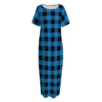 Blue And Black Buffalo Check Print Short Sleeve Long Nightdress