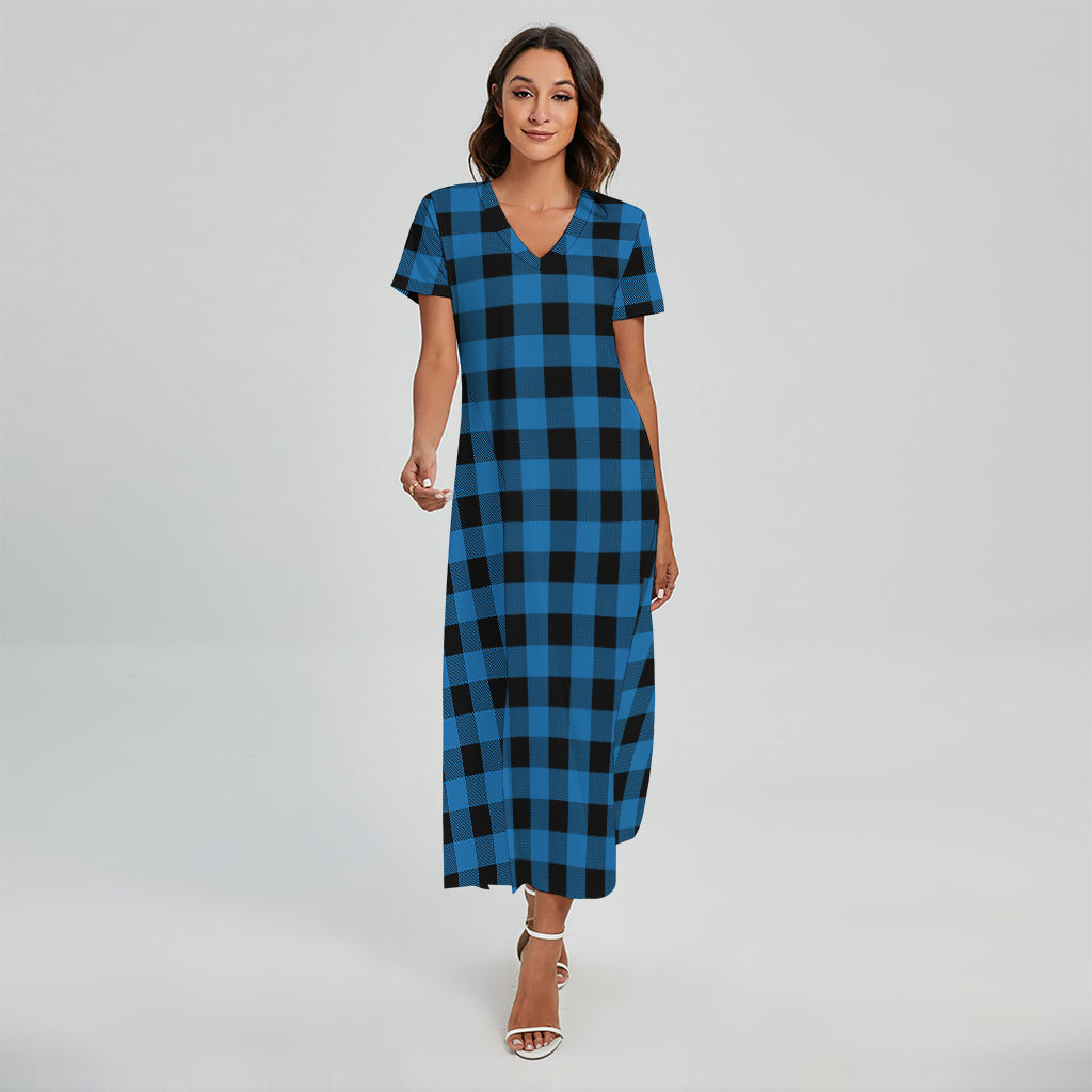 Blue And Black Buffalo Check Print Short Sleeve Maxi Dress