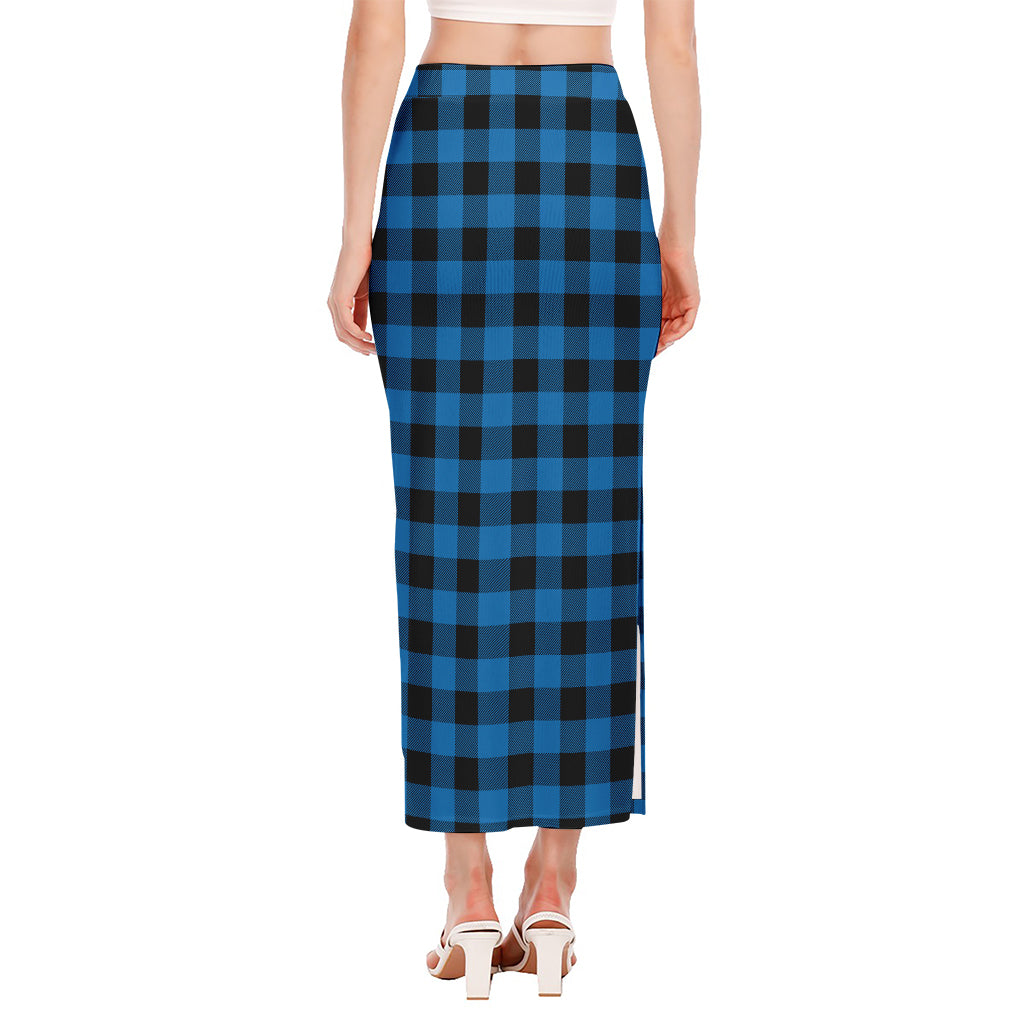 Blue And Black Buffalo Check Print Side Slit Maxi Skirt