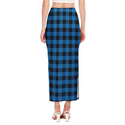 Blue And Black Buffalo Check Print Side Slit Maxi Skirt