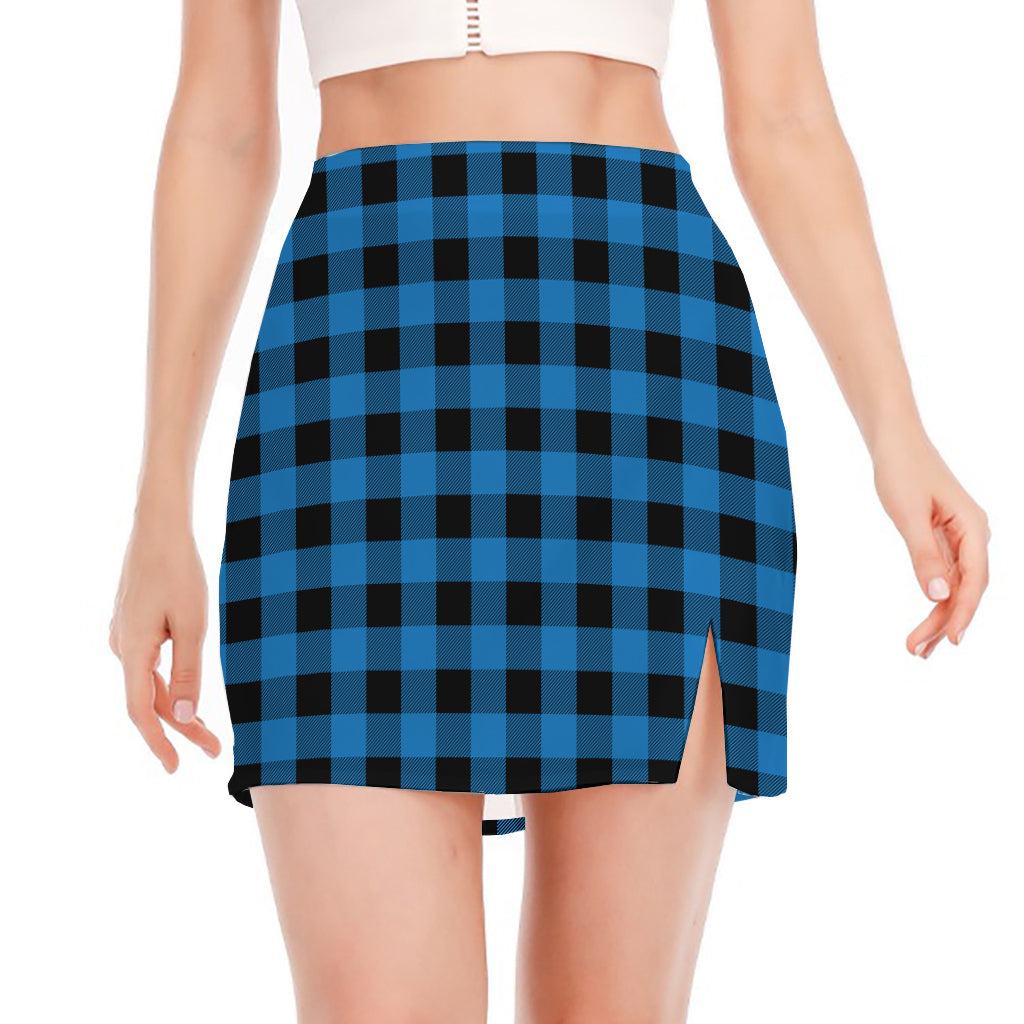 Blue And Black Buffalo Check Print Side Slit Mini Skirt