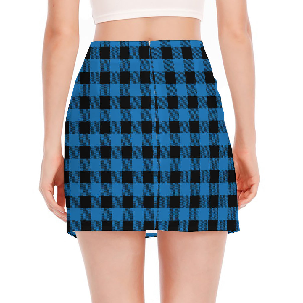 Blue And Black Buffalo Check Print Side Slit Mini Skirt