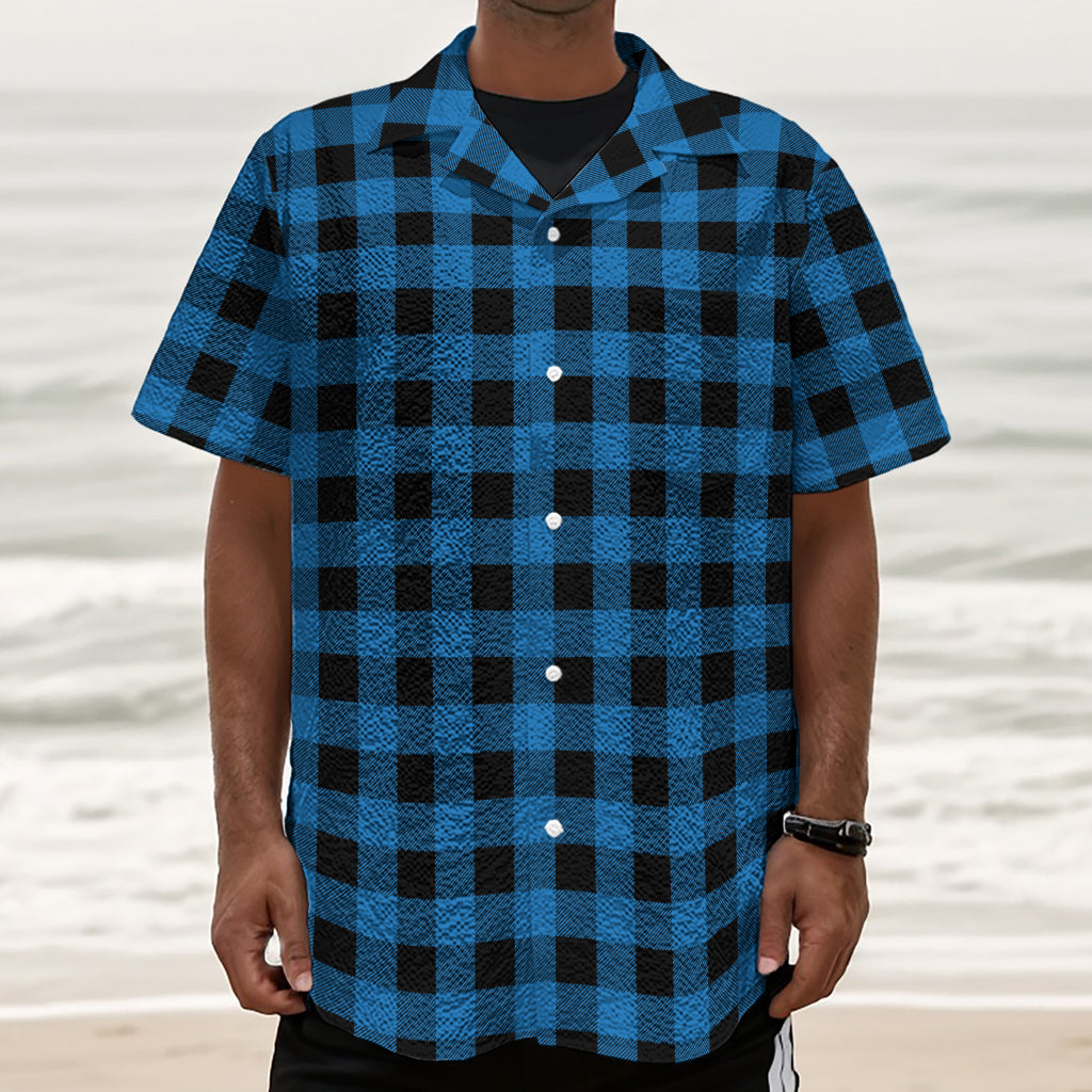Blue And Black Buffalo Check Print Textured Short Sleeve Shirt