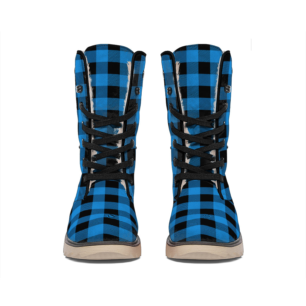 Blue And Black Buffalo Check Print Winter Boots