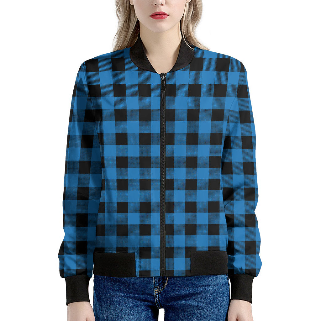 Blue And Black Buffalo Check Print Women's Bomber Jacket