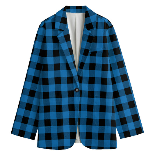 Blue And Black Buffalo Check Print Women's Cotton Blazer