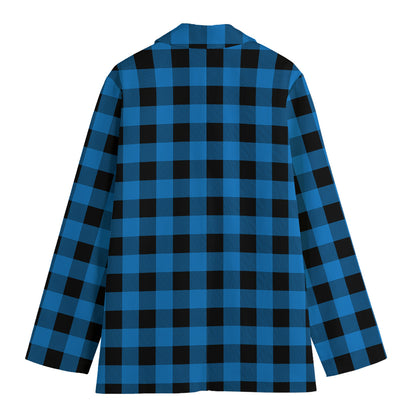 Blue And Black Buffalo Check Print Women's Cotton Blazer