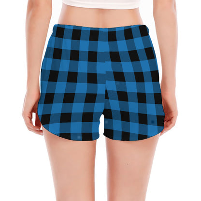 Blue And Black Buffalo Check Print Women's Split Running Shorts