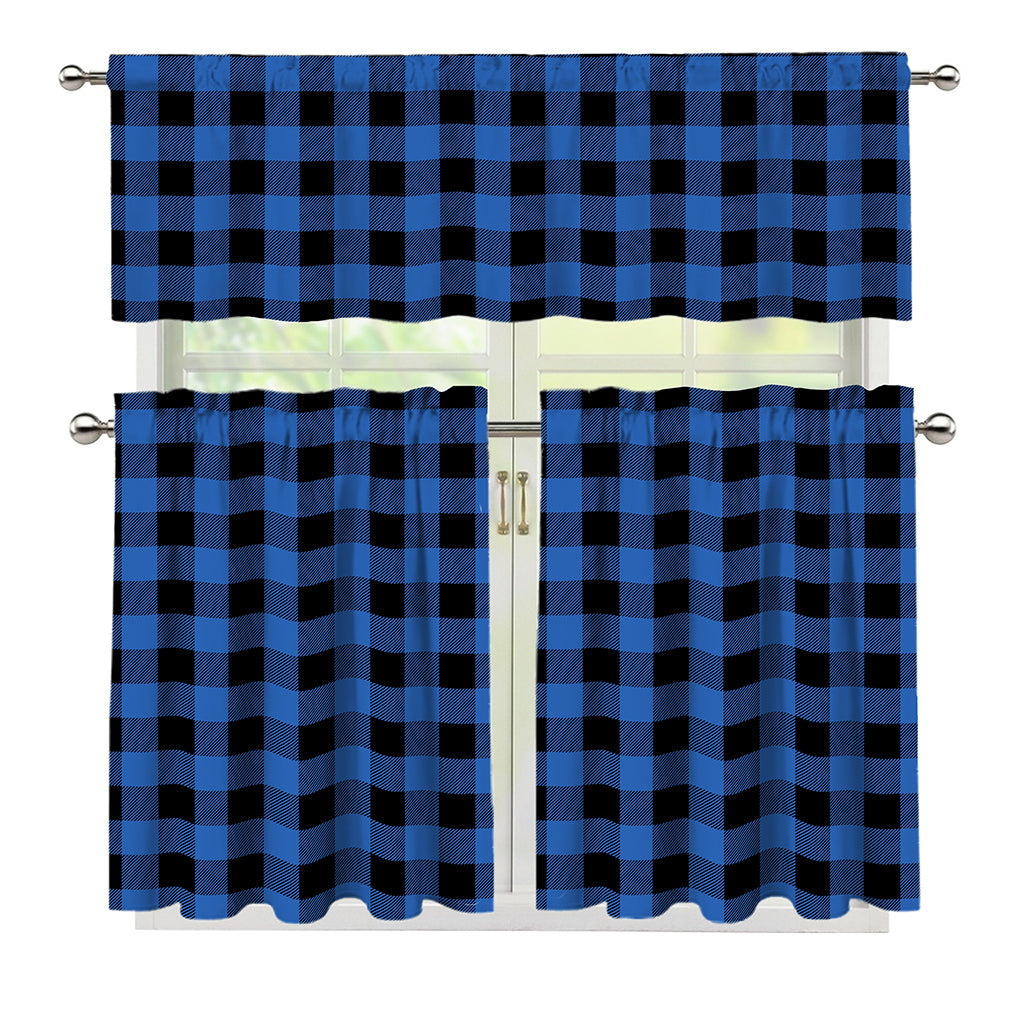 Blue And Black Buffalo Plaid Print 3 Piece Kitchen Curtains