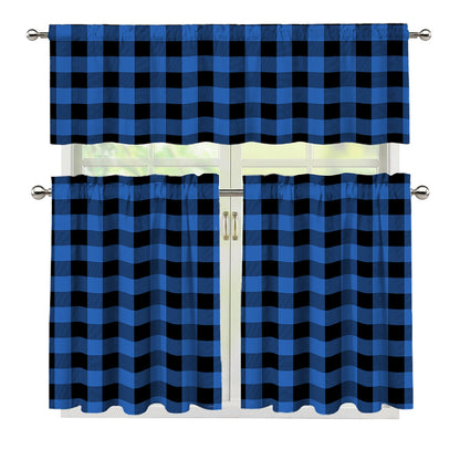 Blue And Black Buffalo Plaid Print 3 Piece Kitchen Curtains