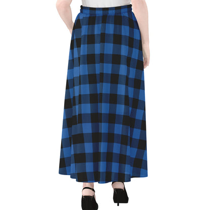Blue And Black Buffalo Plaid Print Chiffon Maxi Skirt