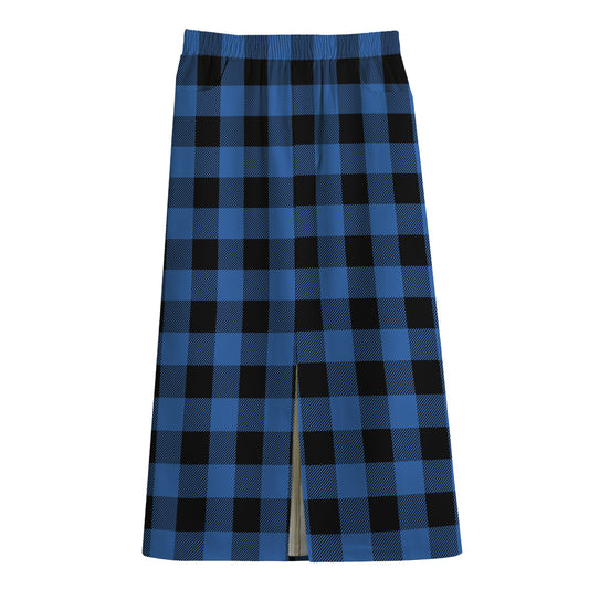 Blue And Black Buffalo Plaid Print Cotton Front Slit Maxi Skirt