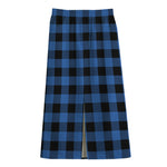 Blue And Black Buffalo Plaid Print Cotton Front Slit Maxi Skirt