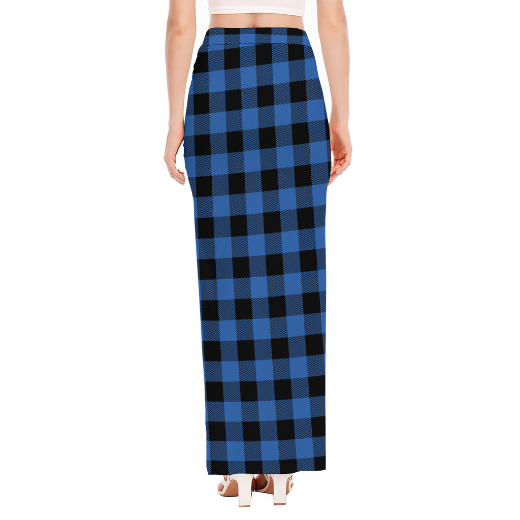 Blue And Black Buffalo Plaid Print High Slit Maxi Skirt