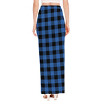 Blue And Black Buffalo Plaid Print High Slit Maxi Skirt