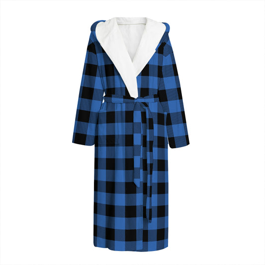 Blue And Black Buffalo Plaid Print Hooded Bathrobe