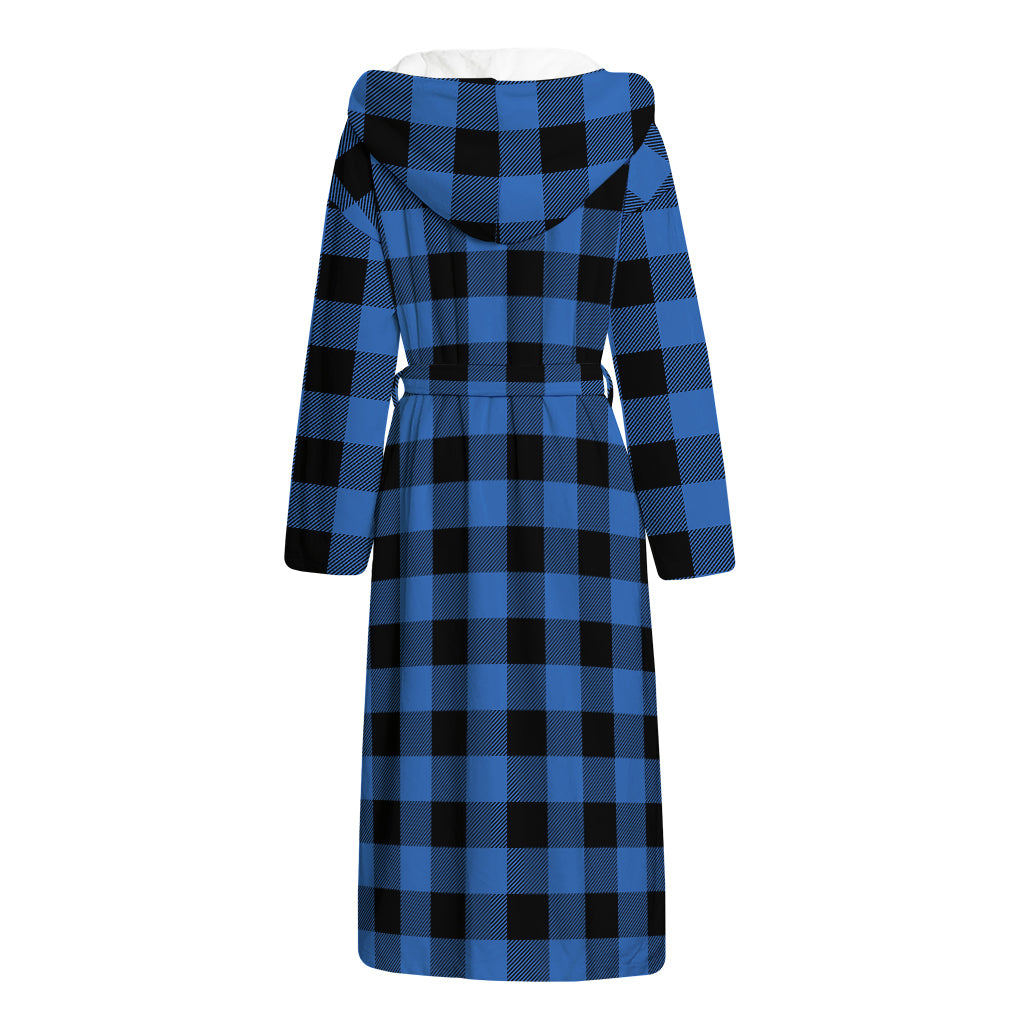 Blue And Black Buffalo Plaid Print Hooded Bathrobe