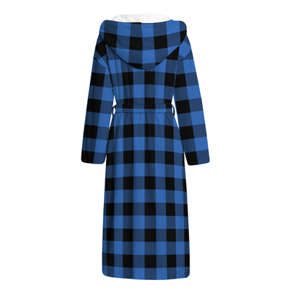 Blue And Black Buffalo Plaid Print Hooded Bathrobe