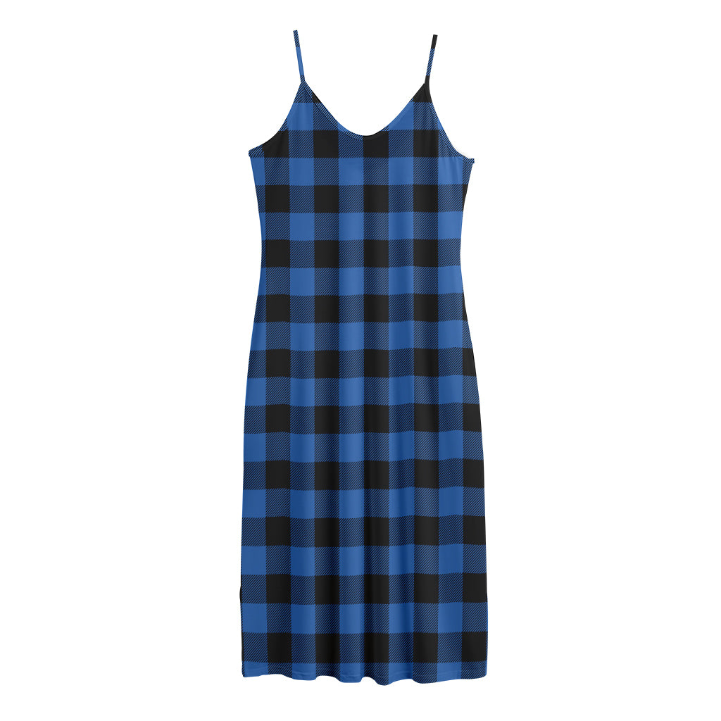 Blue And Black Buffalo Plaid Print Jersey Midi Cami Dress