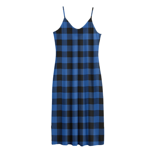 Blue And Black Buffalo Plaid Print Jersey Midi Cami Dress