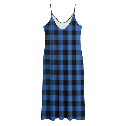 Blue And Black Buffalo Plaid Print Jersey Midi Cami Dress