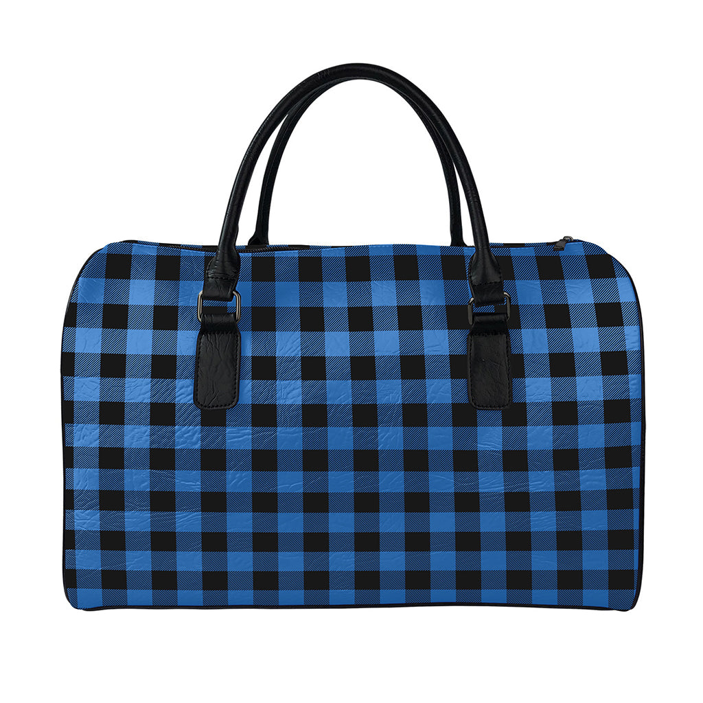 Blue And Black Buffalo Plaid Print Leather Duffle Bag