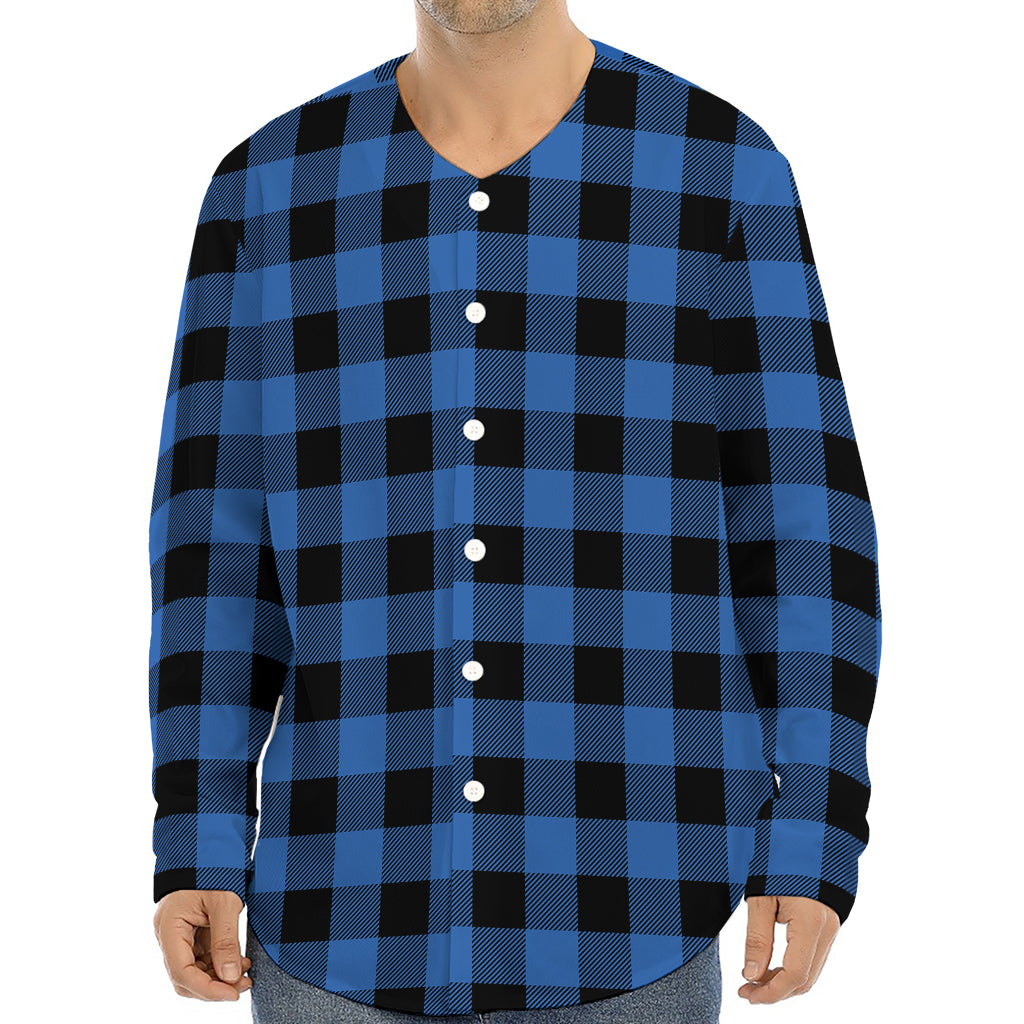 Blue And Black Buffalo Plaid Print Long Sleeve Baseball Jersey
