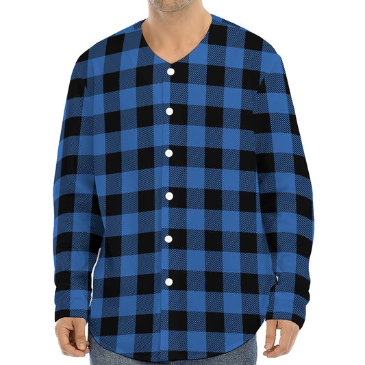 Blue And Black Buffalo Plaid Print Long Sleeve Baseball Jersey