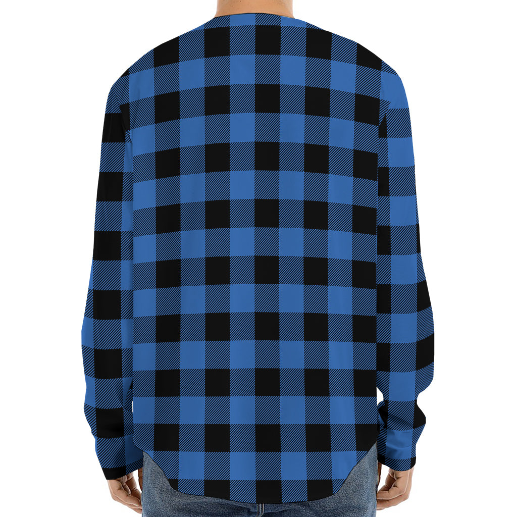 Blue And Black Buffalo Plaid Print Long Sleeve Baseball Jersey