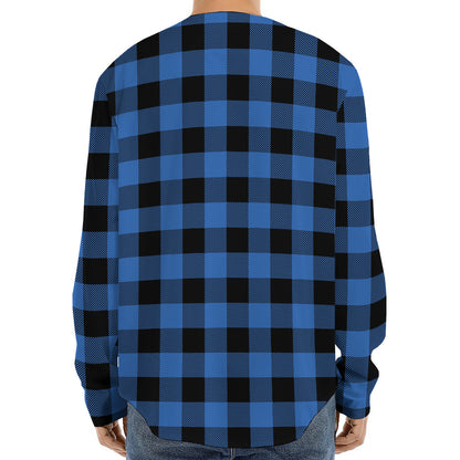 Blue And Black Buffalo Plaid Print Long Sleeve Baseball Jersey
