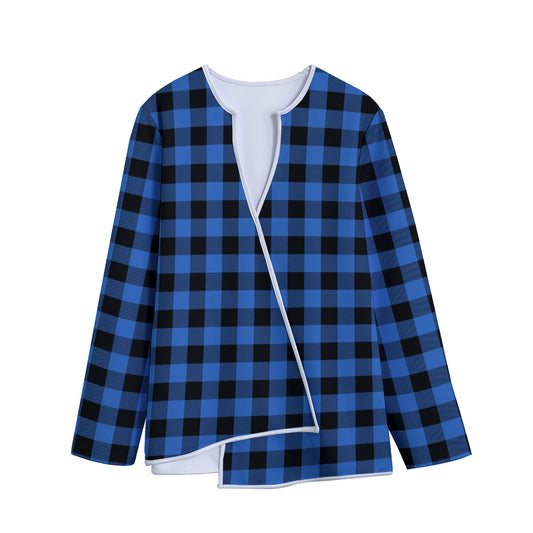 Blue And Black Buffalo Plaid Print Long Sleeve Short Coat