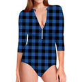 Blue And Black Buffalo Plaid Print Long Sleeve Swimsuit
